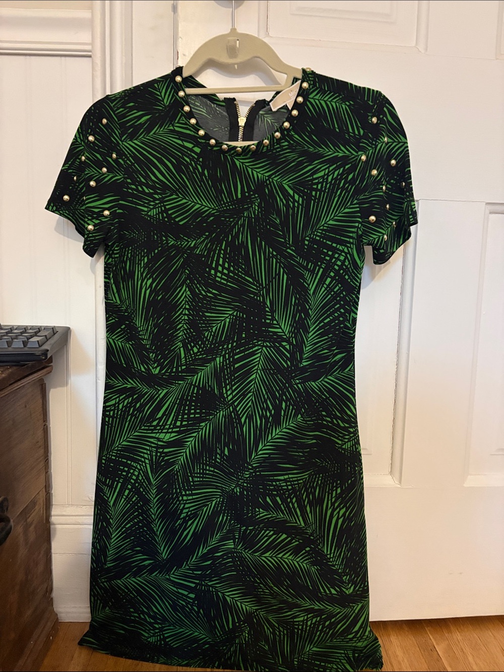 Michael Kors Black Dress with Green Palm-Print and Stud Detail